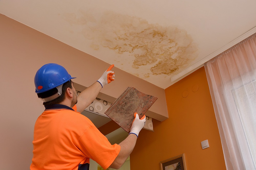 Construction worker pointing at a roof with a leak